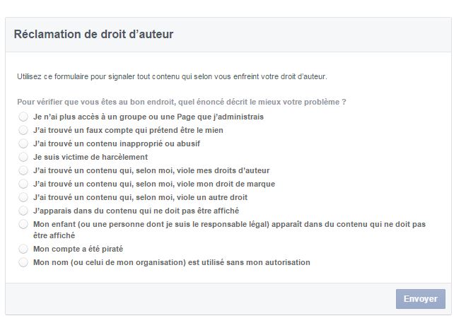 Formulaire Facebook de signalement pour une marque 